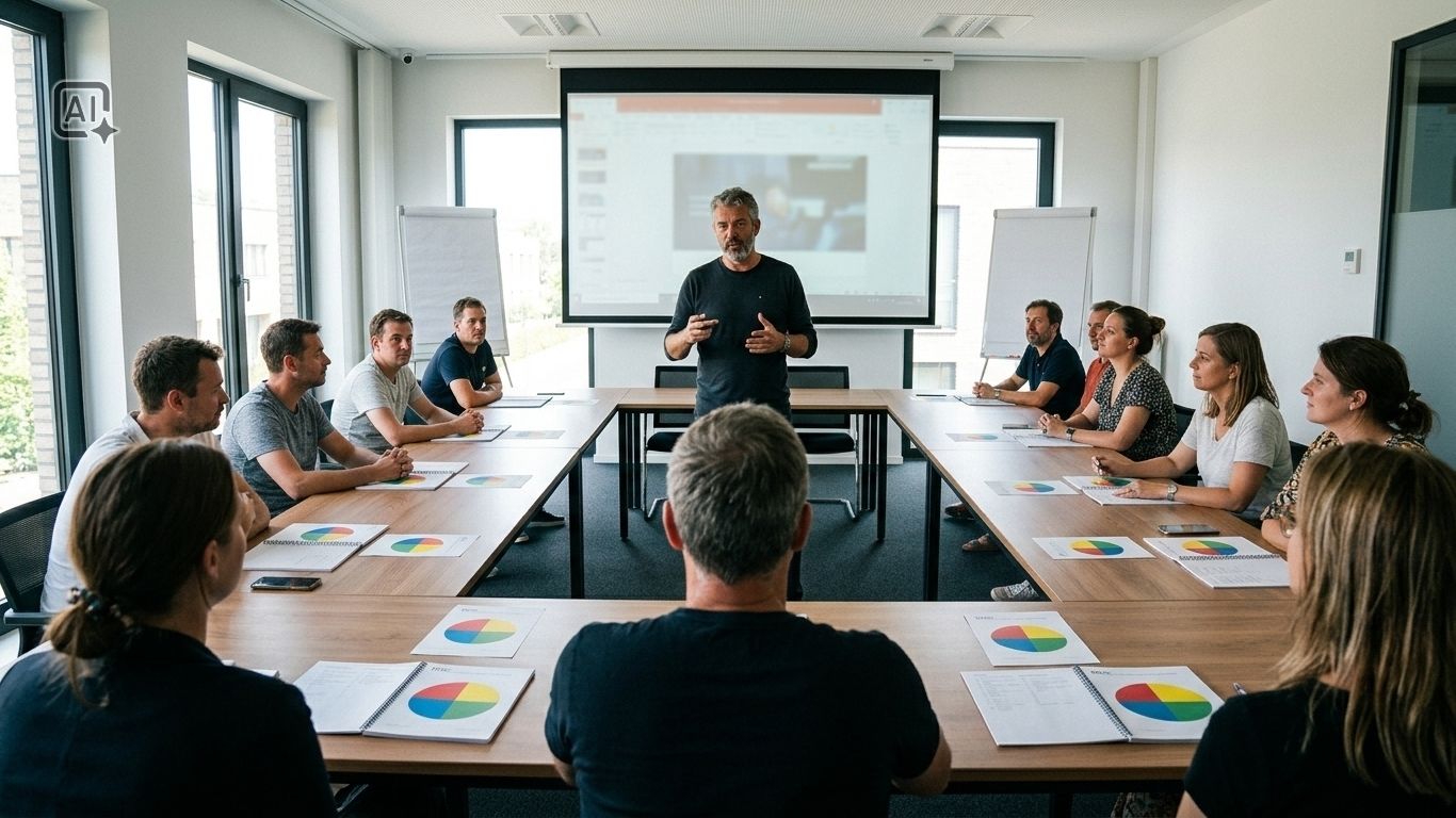 Stijn Verdickt van Schrijifrainer.be voor een groep deelnemers die sneller overtuigende bedrijfsteksten leren schrijven.